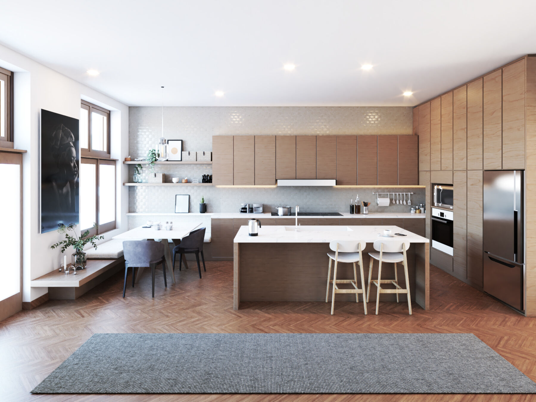 Nash & Berry kitchen — wood cabinetry, hardwood floor, stone-topped island