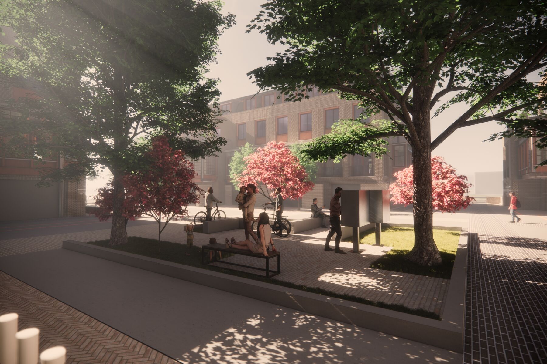 Pocket plaza with seating beneath mature trees